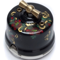 Выключатель ретро двухклавишный (оконечный) 4-х позиционный фарфоровый "Salvador" ОР21BL.HL, черный с росписью под хохлому